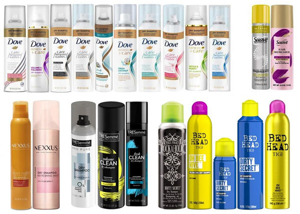 drugstore dry shampoo cans on shelf