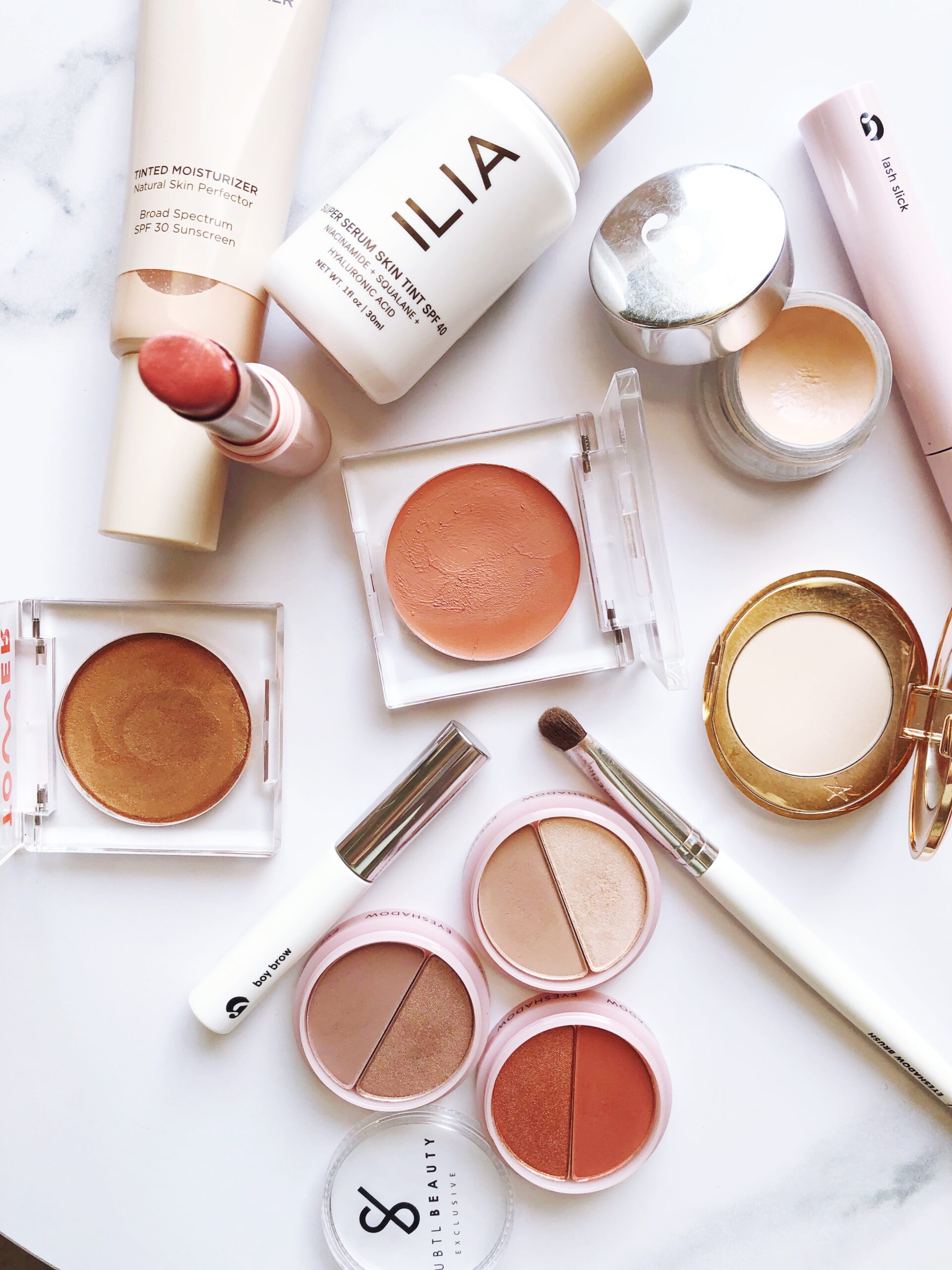 everyday makeup flat lay products