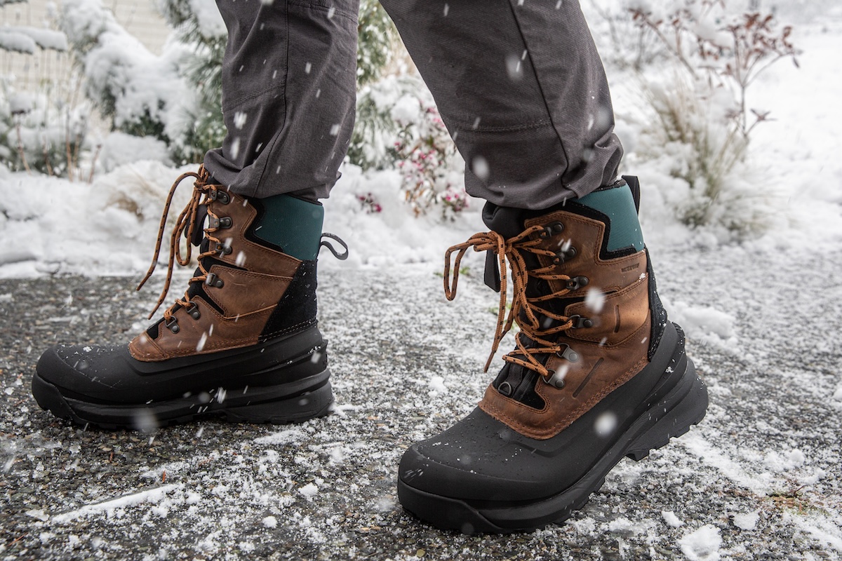 closeup lug sole winter boot ice