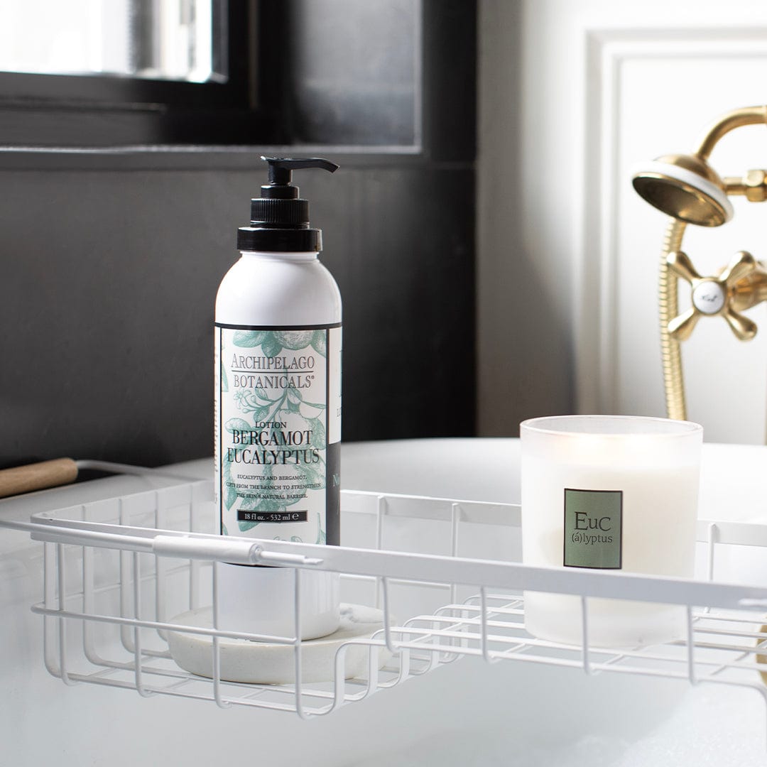 organic body lotion pump bottle on bathroom shelf