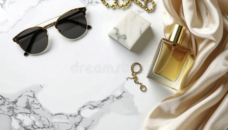 luxury sunglasses flat lay marble